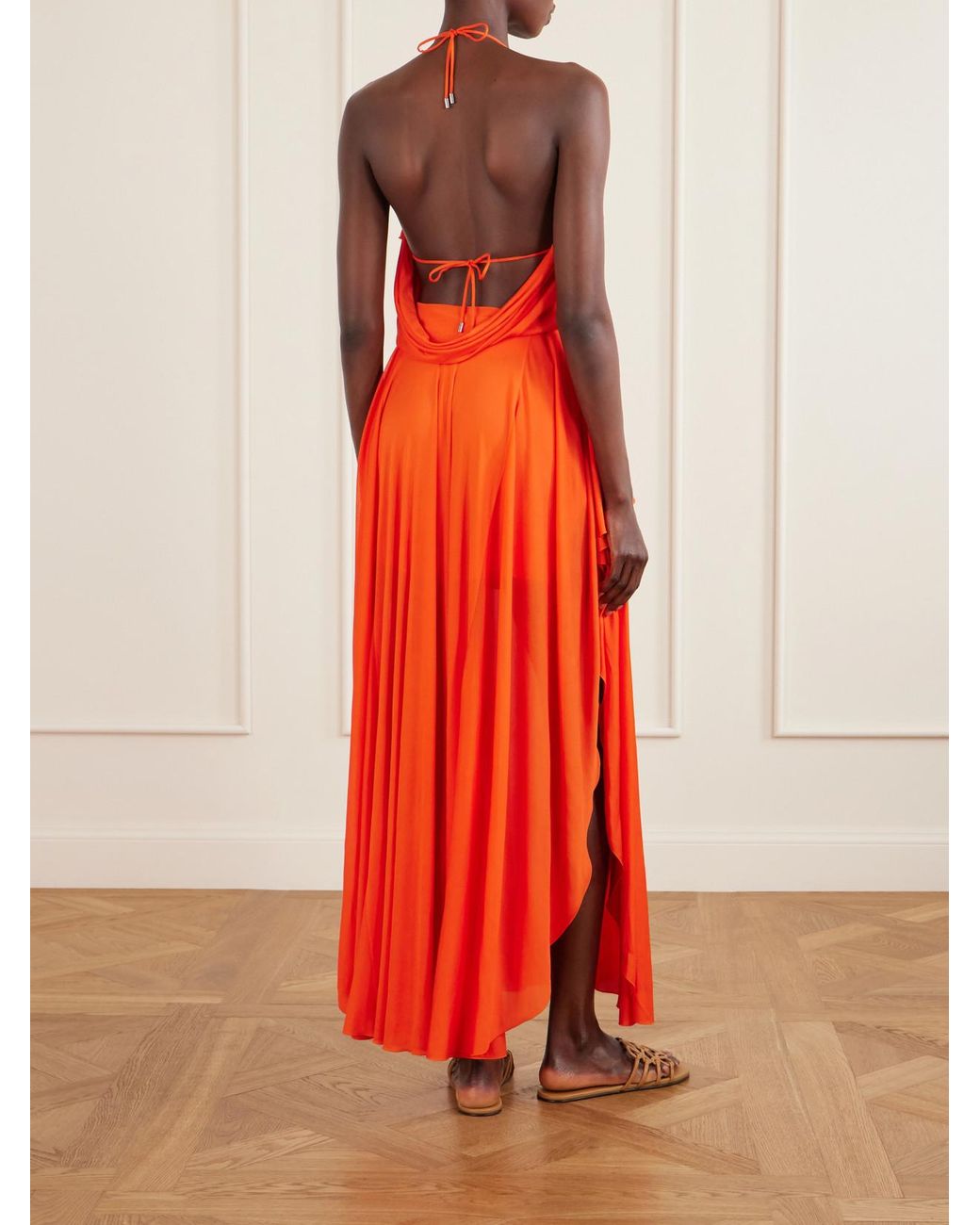Loewe Orange Paula's Ibiza Ruffled Cutout Jersey Halterneck Maxi Dress