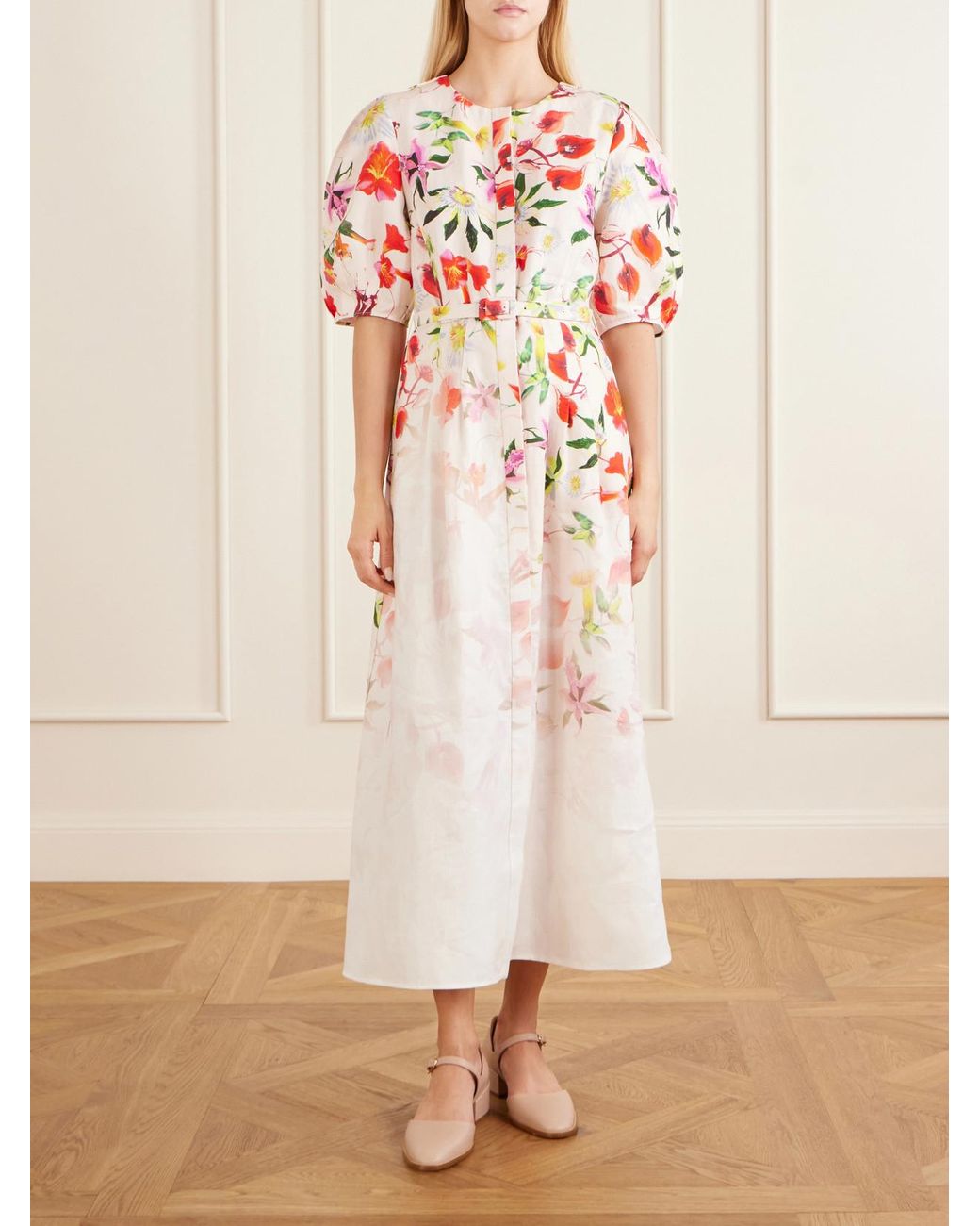 Gabriela Hearst White Ignis Floral- Printed Linen And Cotton Midi Dress