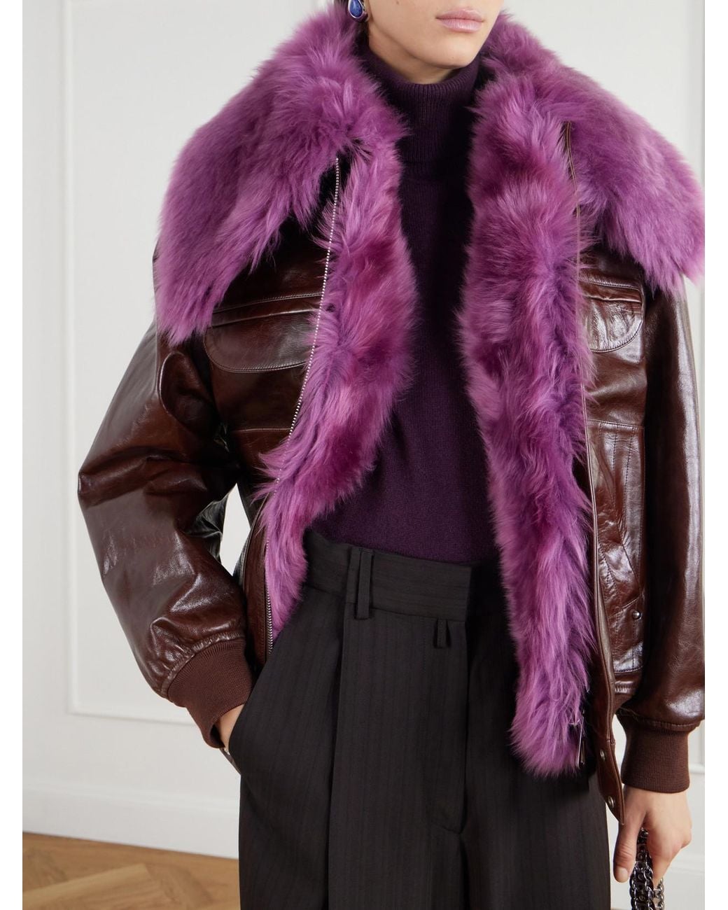 Rabanne Purple Shearling-Trimmed Leather Bomber Jacket
