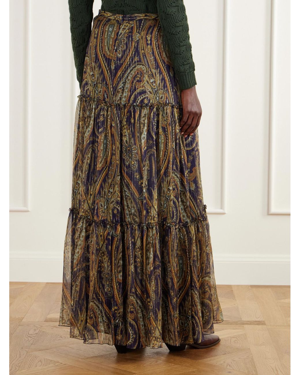Etro Natural Tiered Paisley-Print Metallic Silk-Blend Chiffon Maxi Skirt
