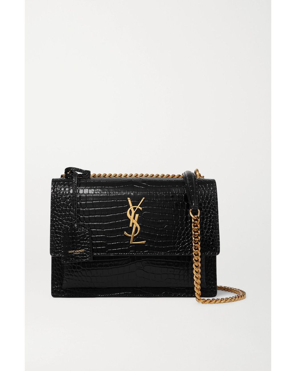 Saint Laurent Sunset Small Croc-effect Glossed-leather Shoulder Bag in Black - Lyst