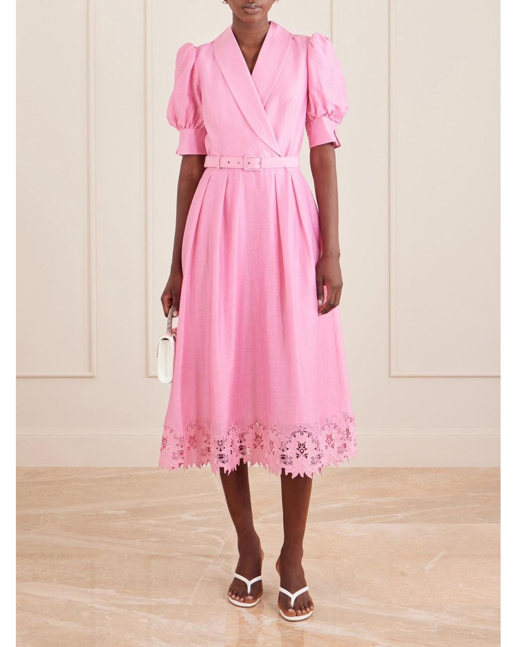 Rebecca Vallance Pink Petalite Belted Broderie Anglaise-Trimmed Poplin Midi Dress