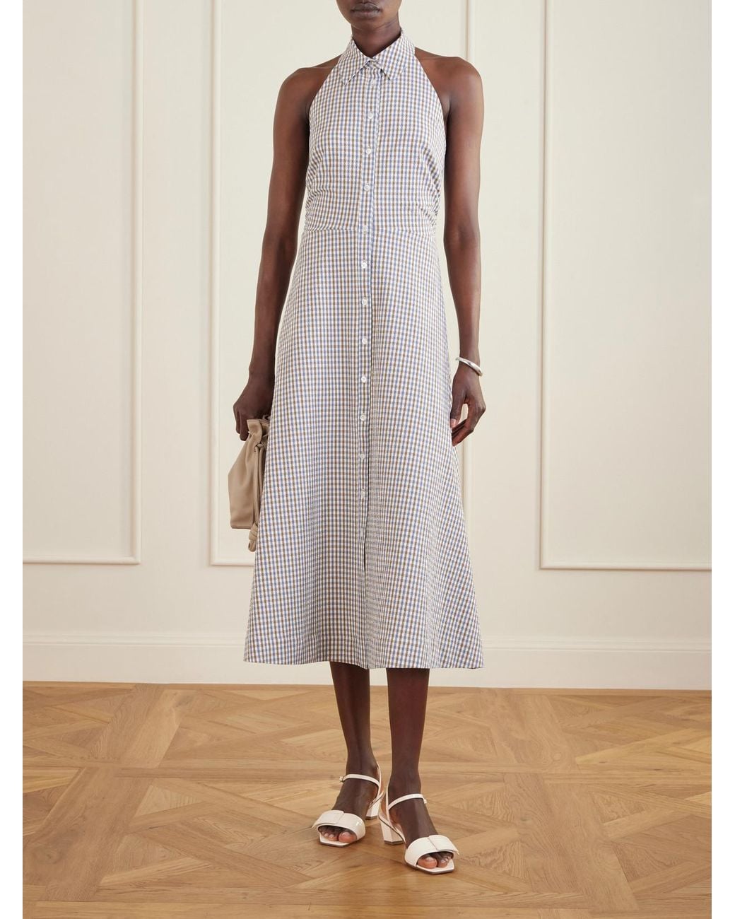 Veronica Beard White Mackey Checked Cotton-Seersucker Midi Dress