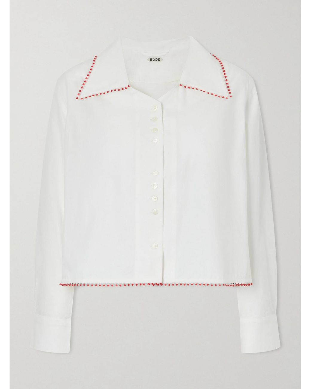 Bode White Redbud Cropped Embroidered Cotton-Poplin Shirt