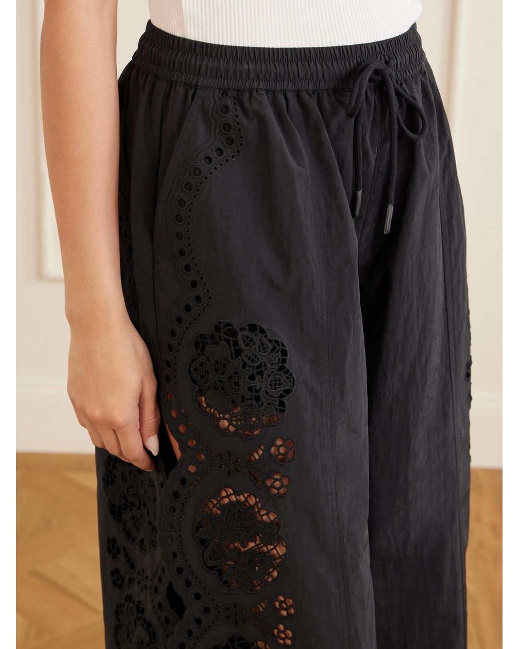 Sea Blue Vittoria Broderie Anglaise-Trimmed Shell Wide-Leg Pants