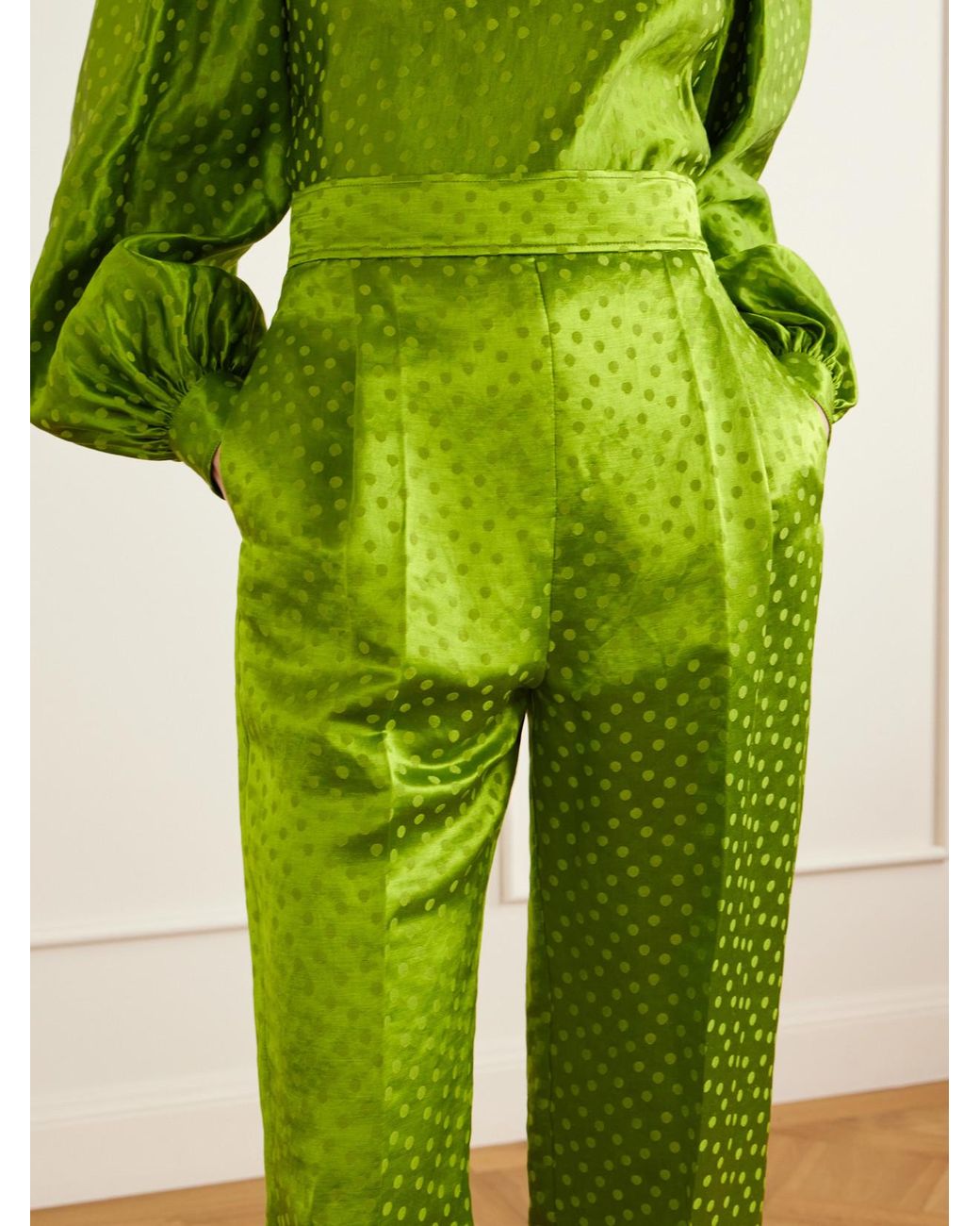 Valentino Garavani Green Polka-Dot Jacquard Linen And Silk-Blend Straight-Leg Pants