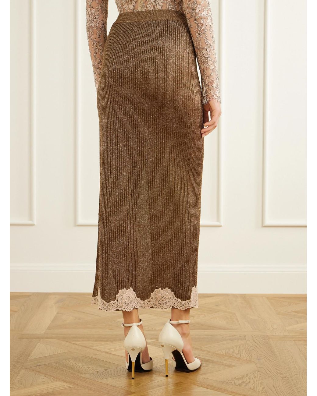 Valentino Garavani Natural Lace-Trimmed Ribbed Lurex Midi Skirt