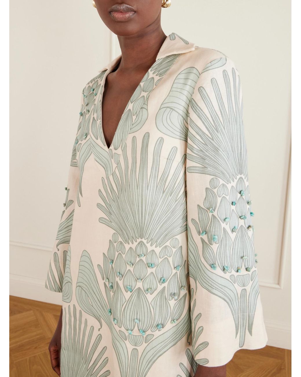 ANDRES OTALORA White Aziza Mia Embellished Printed Linen Mini Dress