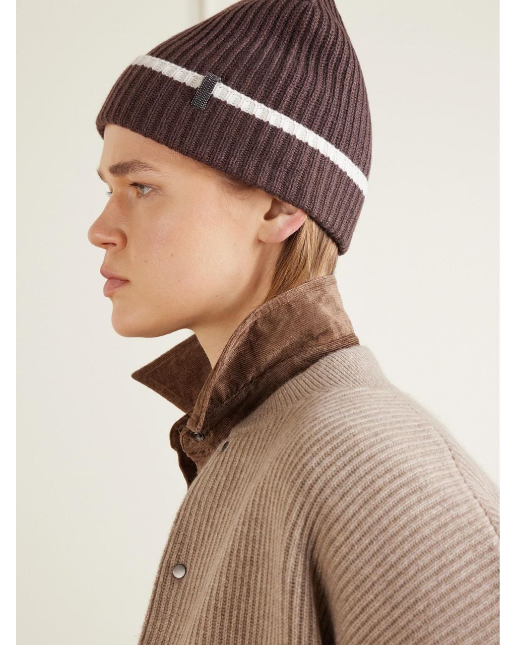 Brunello Cucinelli Red Embellished Striped Ribbed Cashmere Beanie