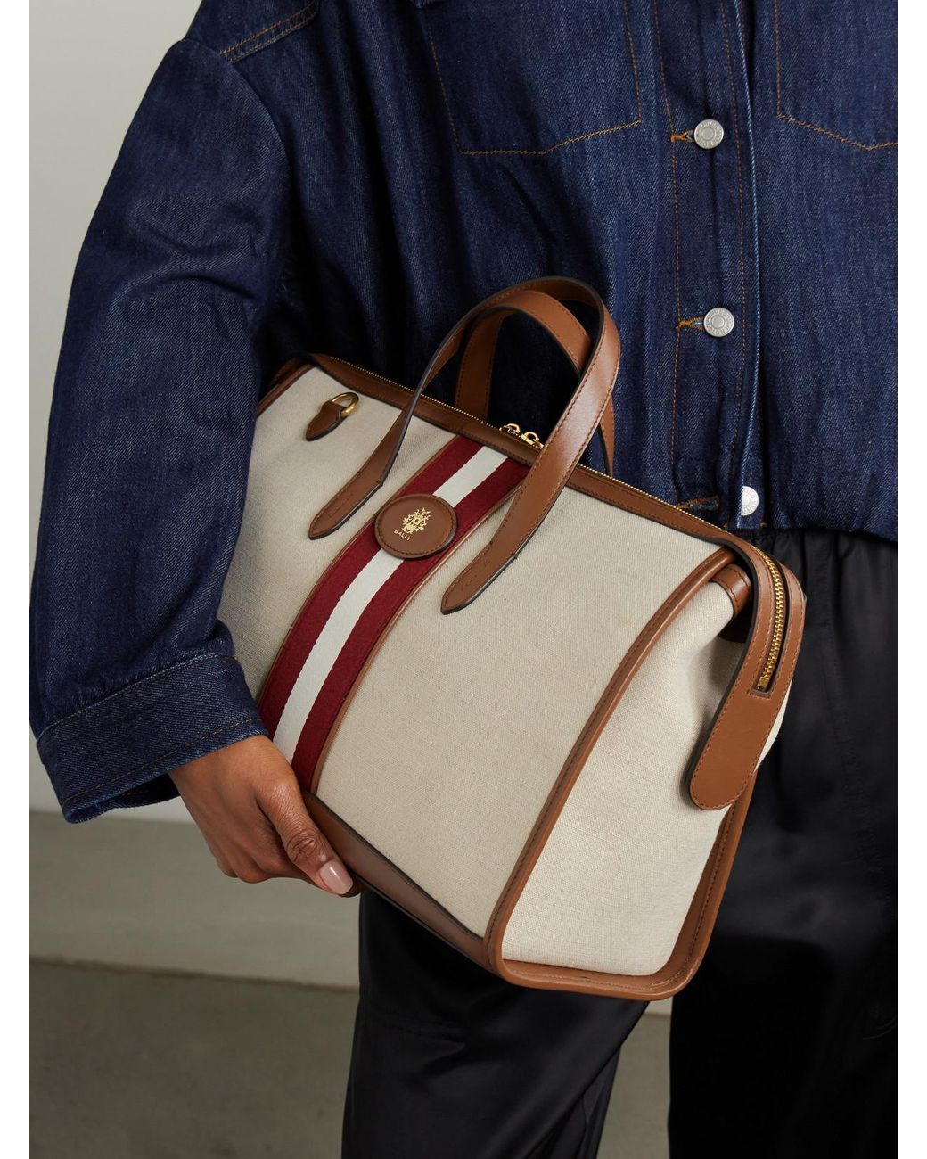 Bally Beckett East West Embellished Striped Leather-Trimmed