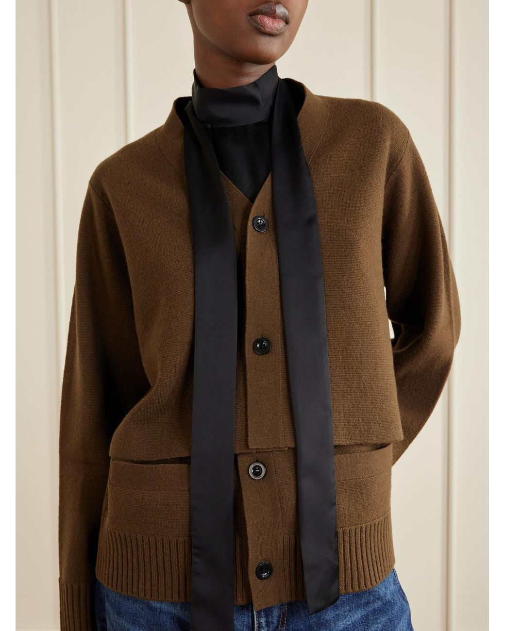 Sacai Brown Scarf-Detailed Wool Cardigan