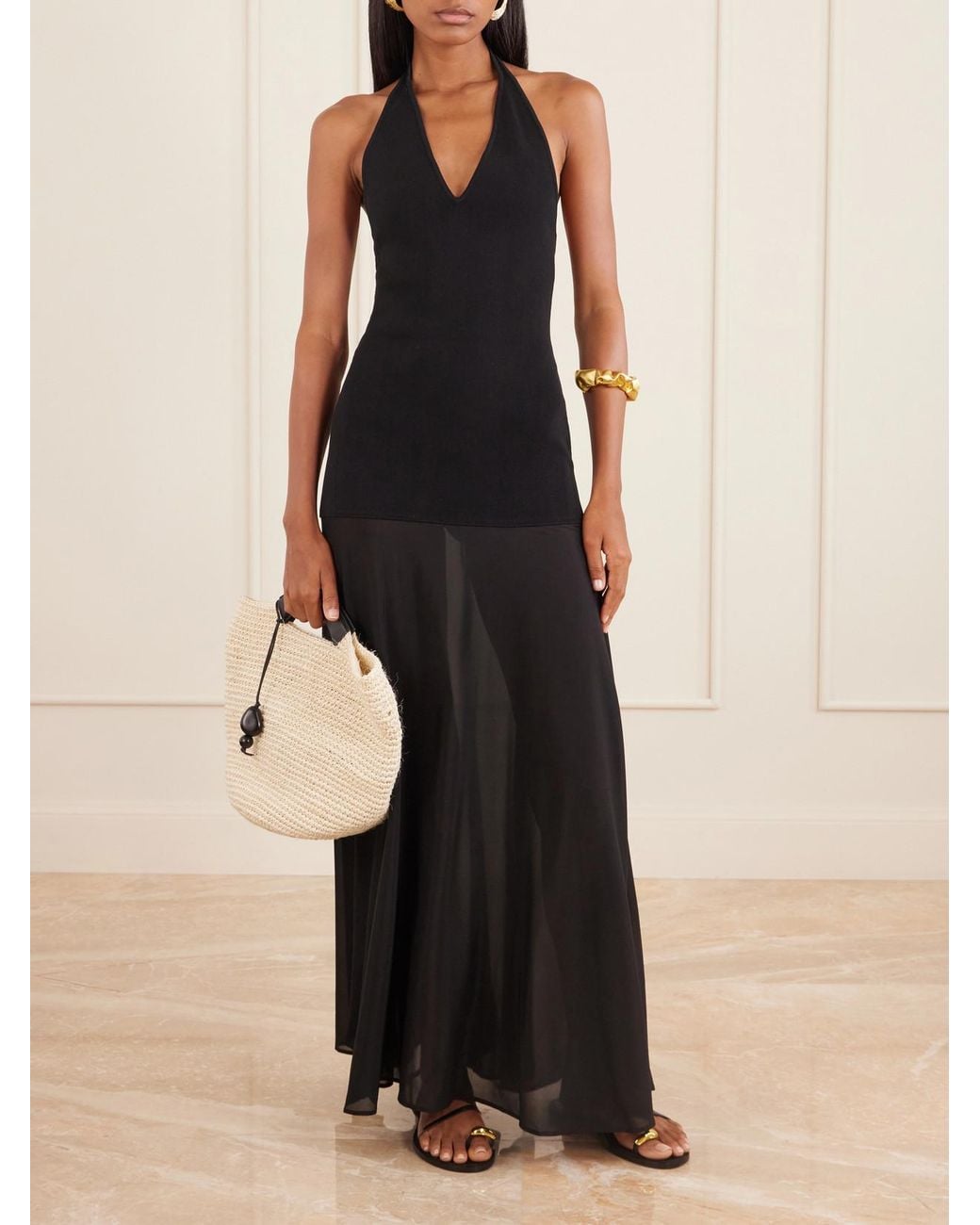 St. Agni Black Circle Mesh And Crepe Halterneck Maxi Dress