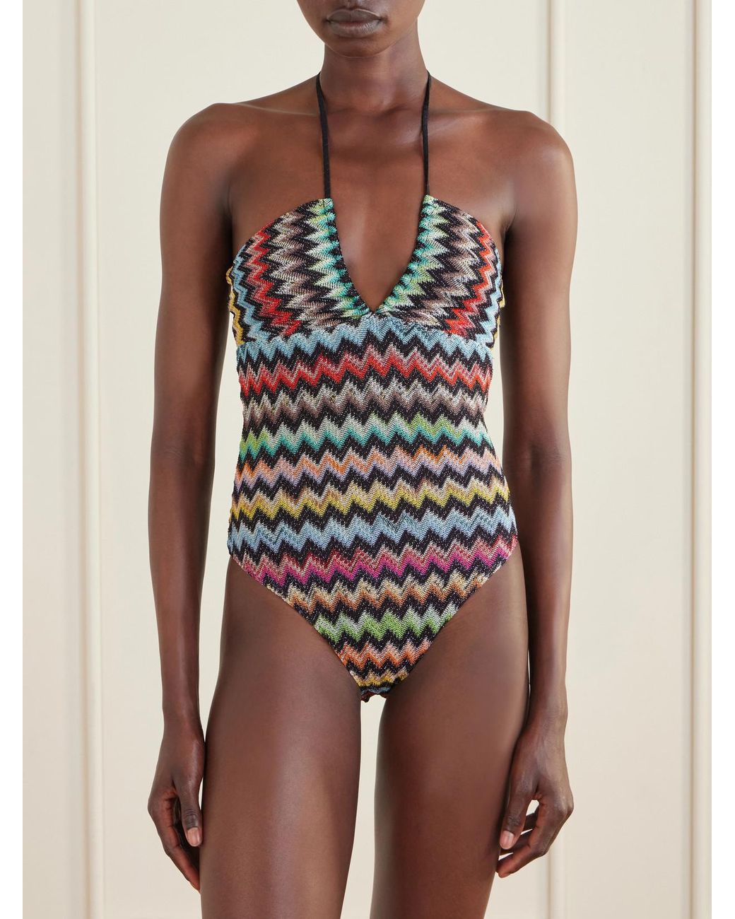 Missoni White Striped Metallic Crochet-Knit Swimsuit