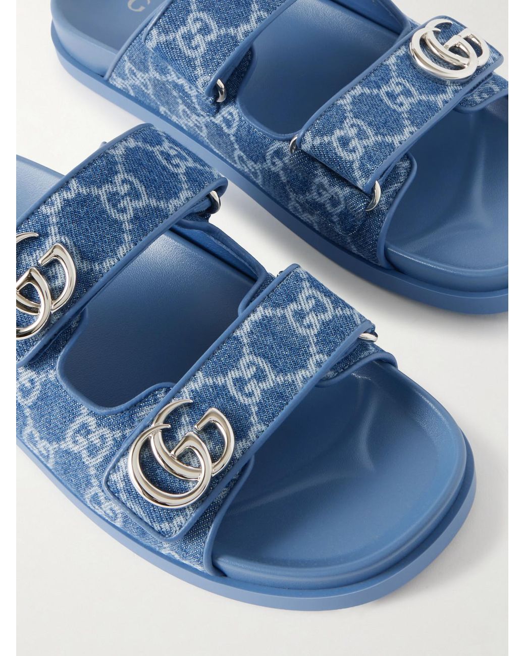 Gucci Blue Embellished Printed Denim Sandals