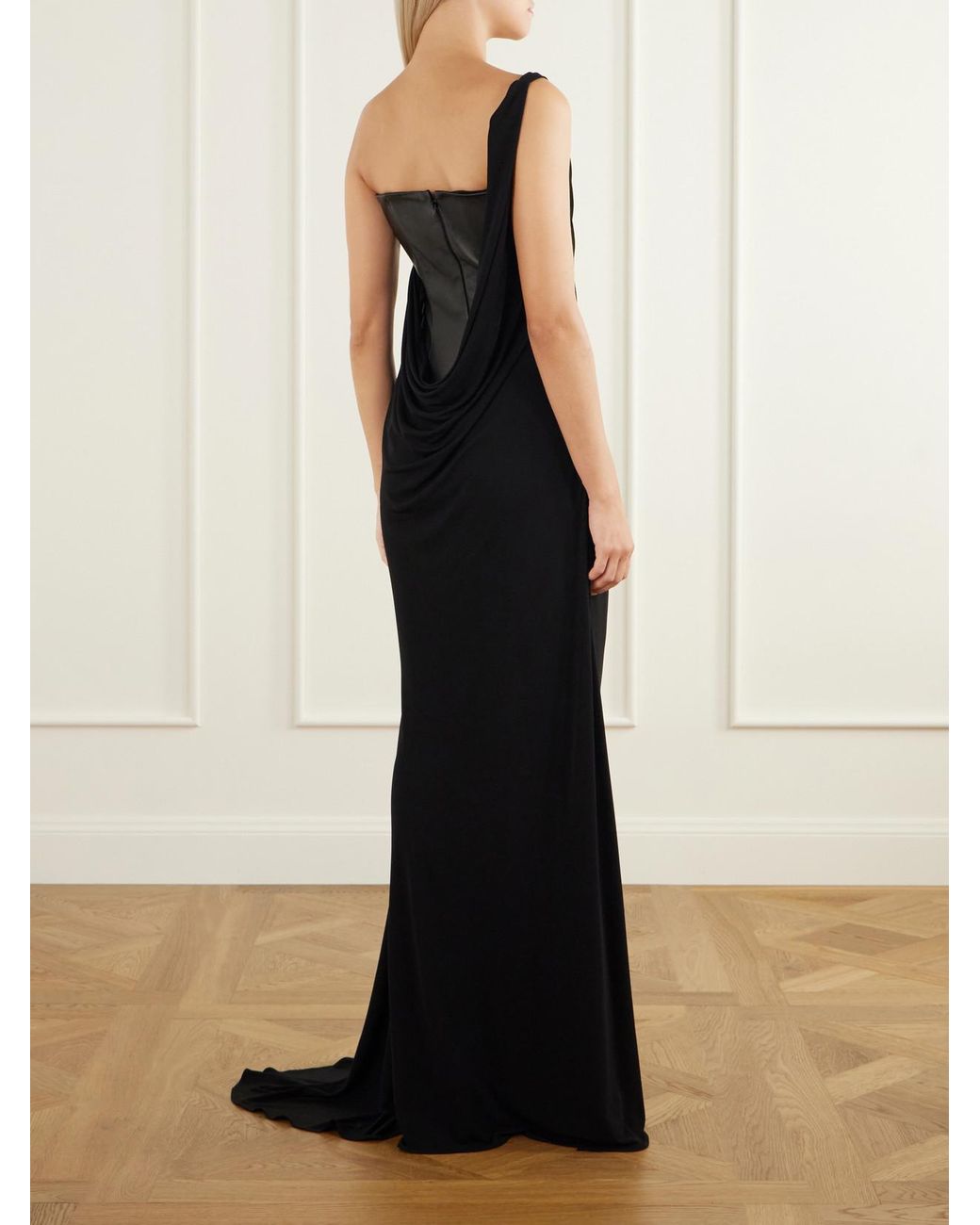 Alex Perry Black Asymmetric Leather And Jersey Gown