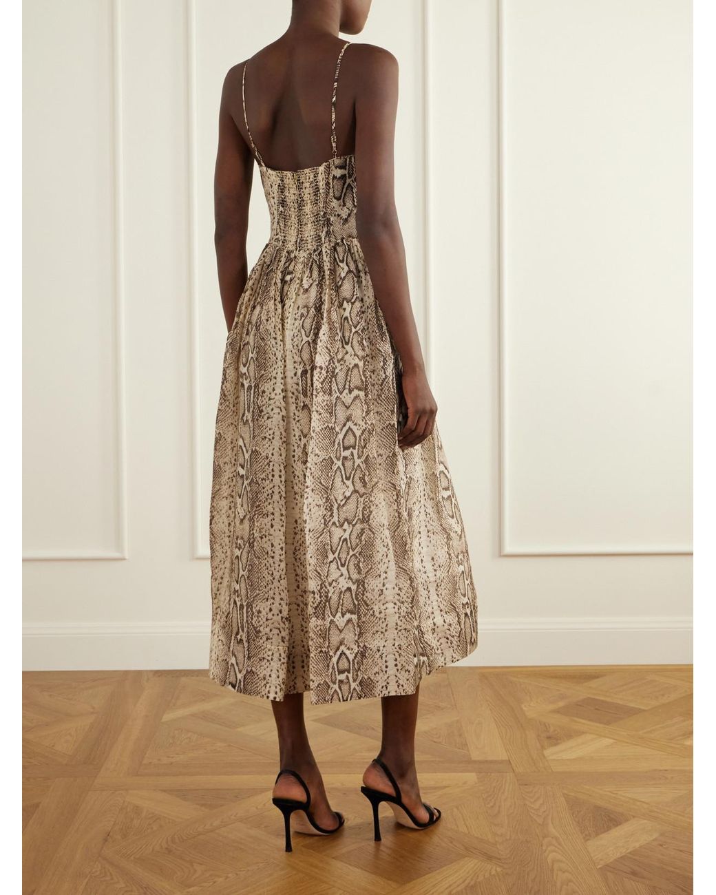 Cara Cara Natural Alba Gathered Snake-Print Linen And Silk-Blend Organza Midi Dress