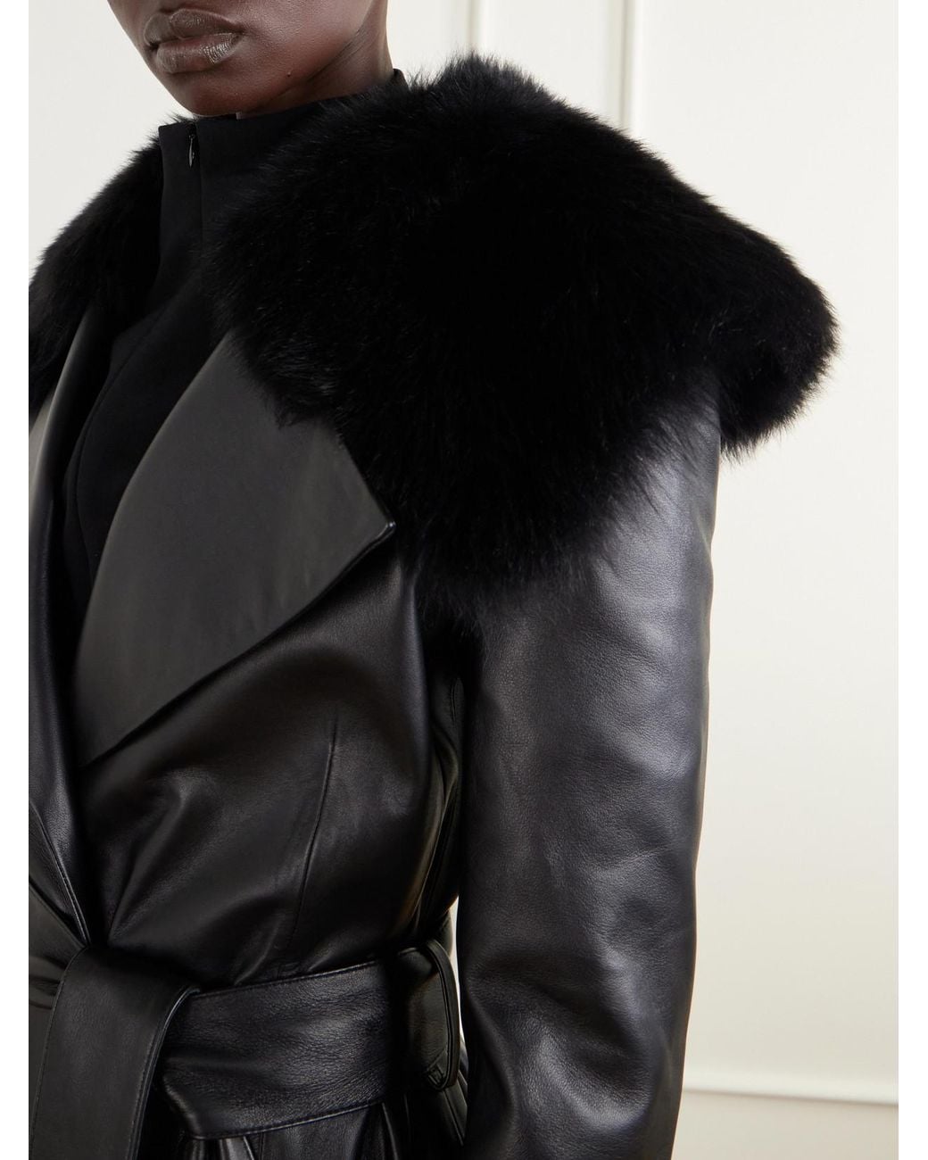 TOVE Black Rosa Belted Paneled Shearling-Trimmed Leather Wrap Coat