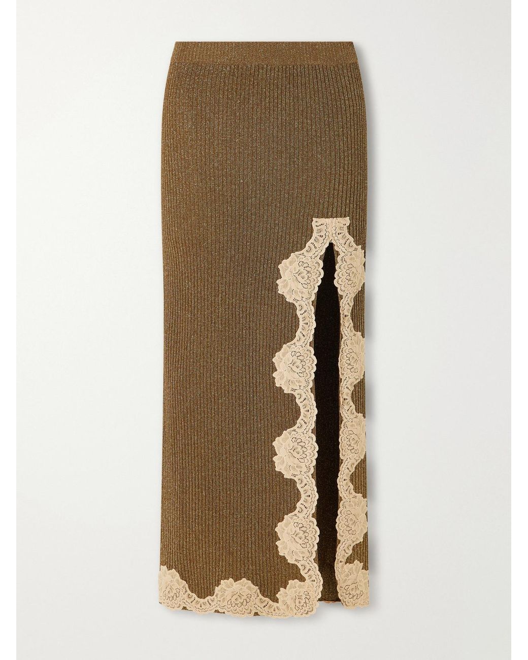 Valentino Garavani Natural Lace-Trimmed Ribbed Lurex Midi Skirt