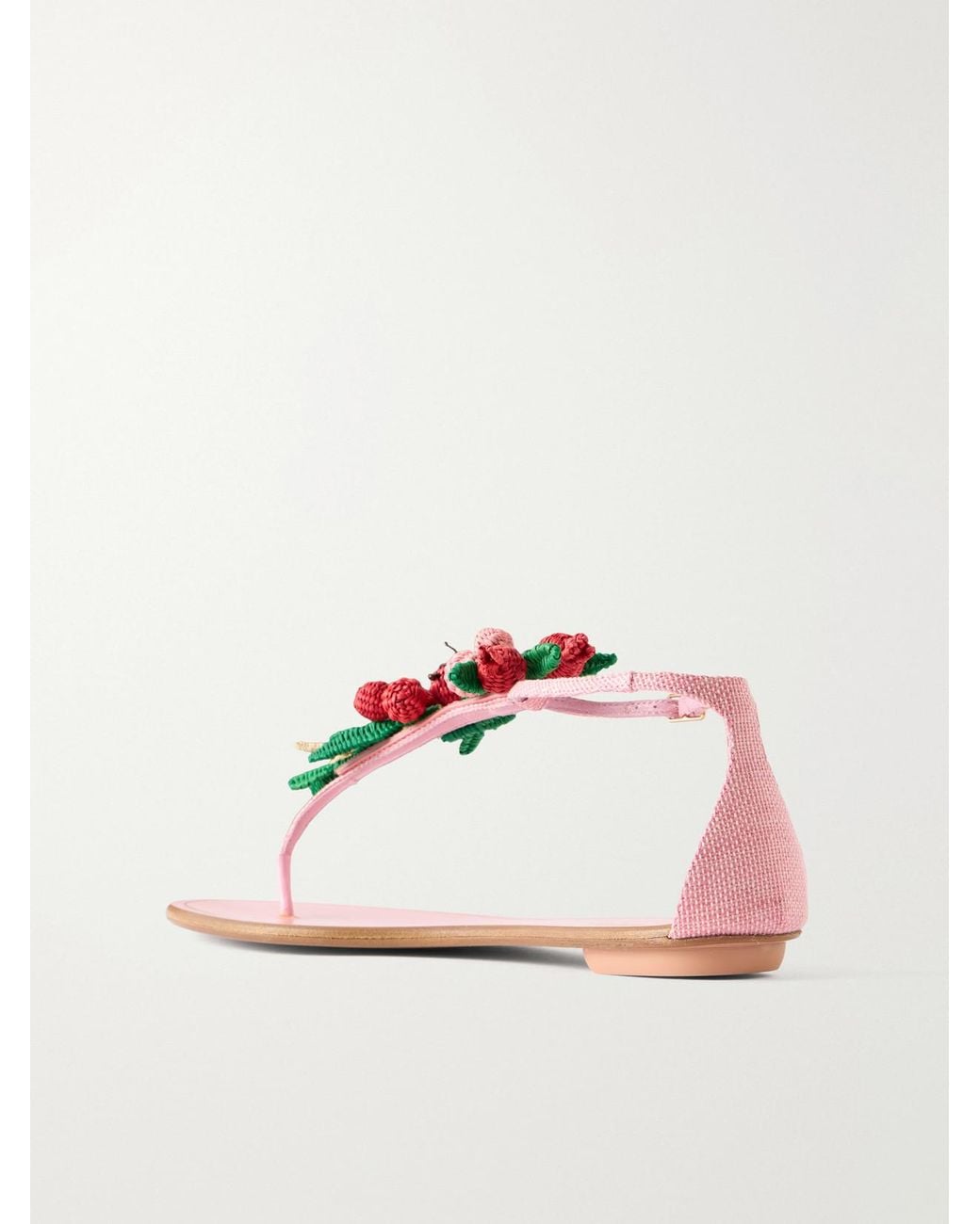 Aquazzura Pink Botanica Embellished Leather And Raffia Thong Sandals