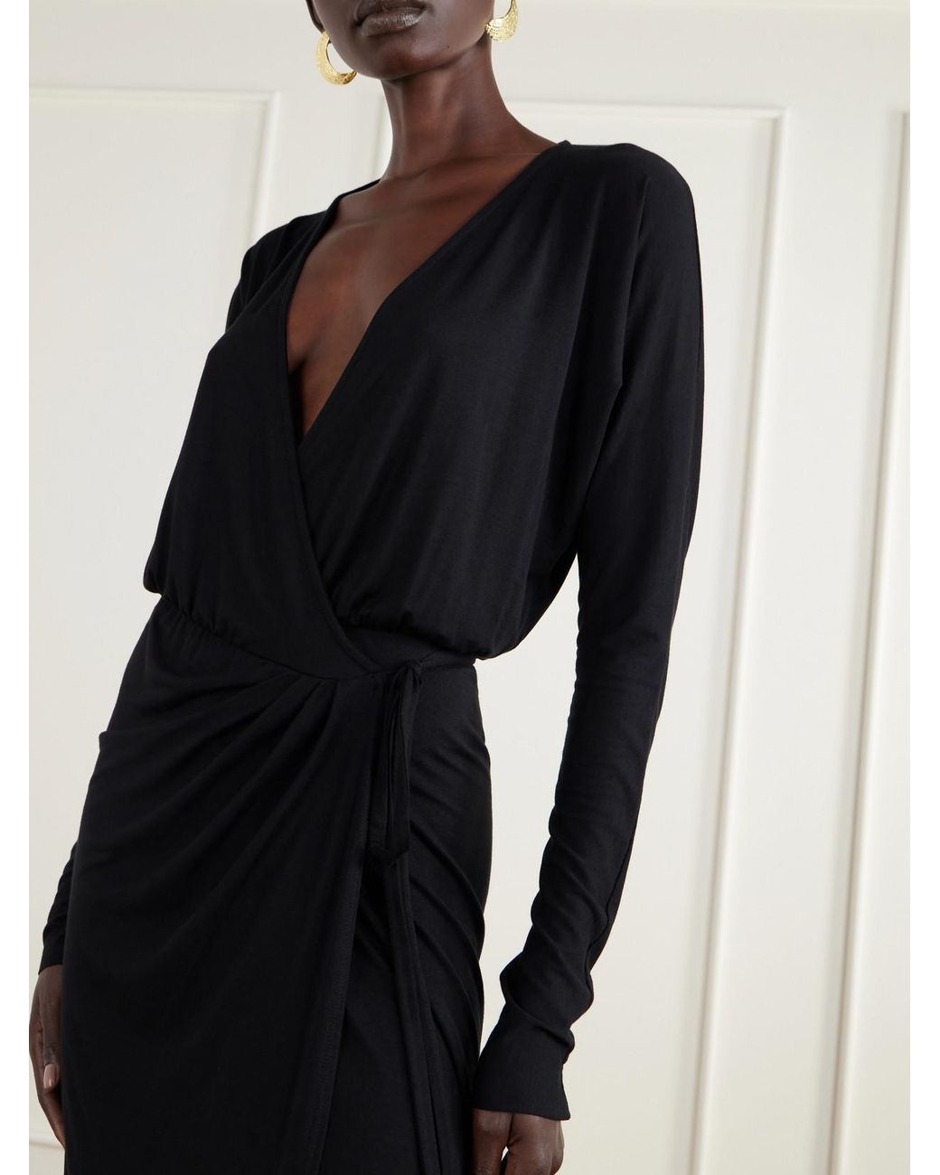 ÉTERNE Black Daria Draped Stretch-Modal Jersey Midi Wrap Dress