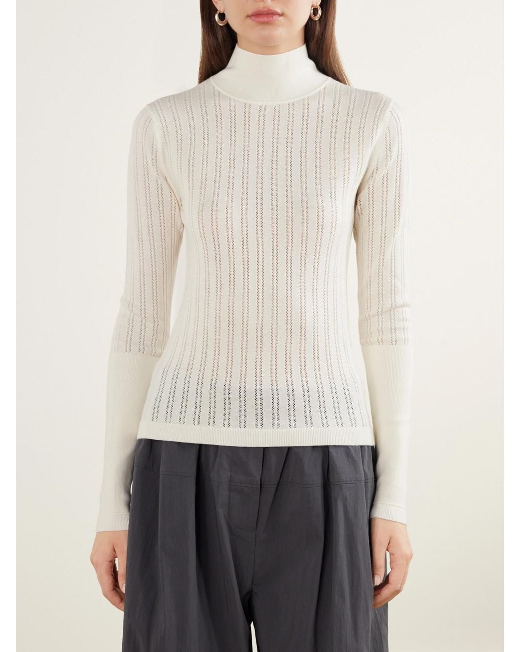 Maria McManus Natural Pointelle-Knit Merino Wool Mock-Neck Top