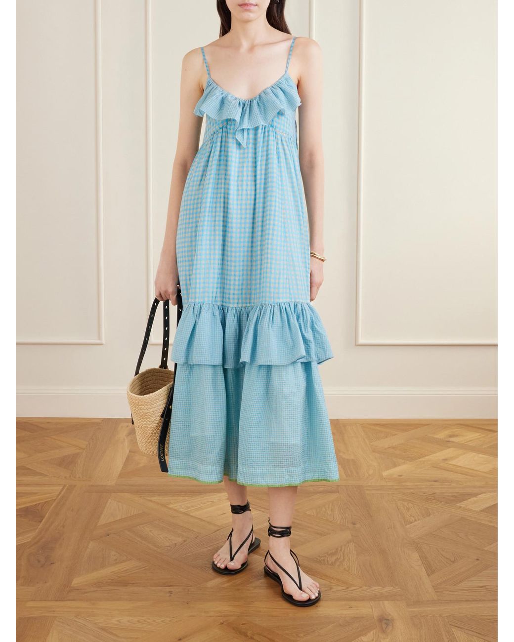 Eka Blue Teek Ruffled Tiered Checkered Cotton Silk Dress