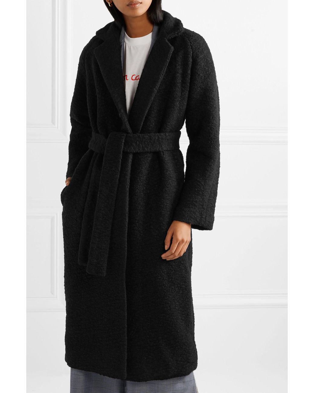 Ganni Oversized Belted Wool-blend Bouclé Coat in Black | Lyst