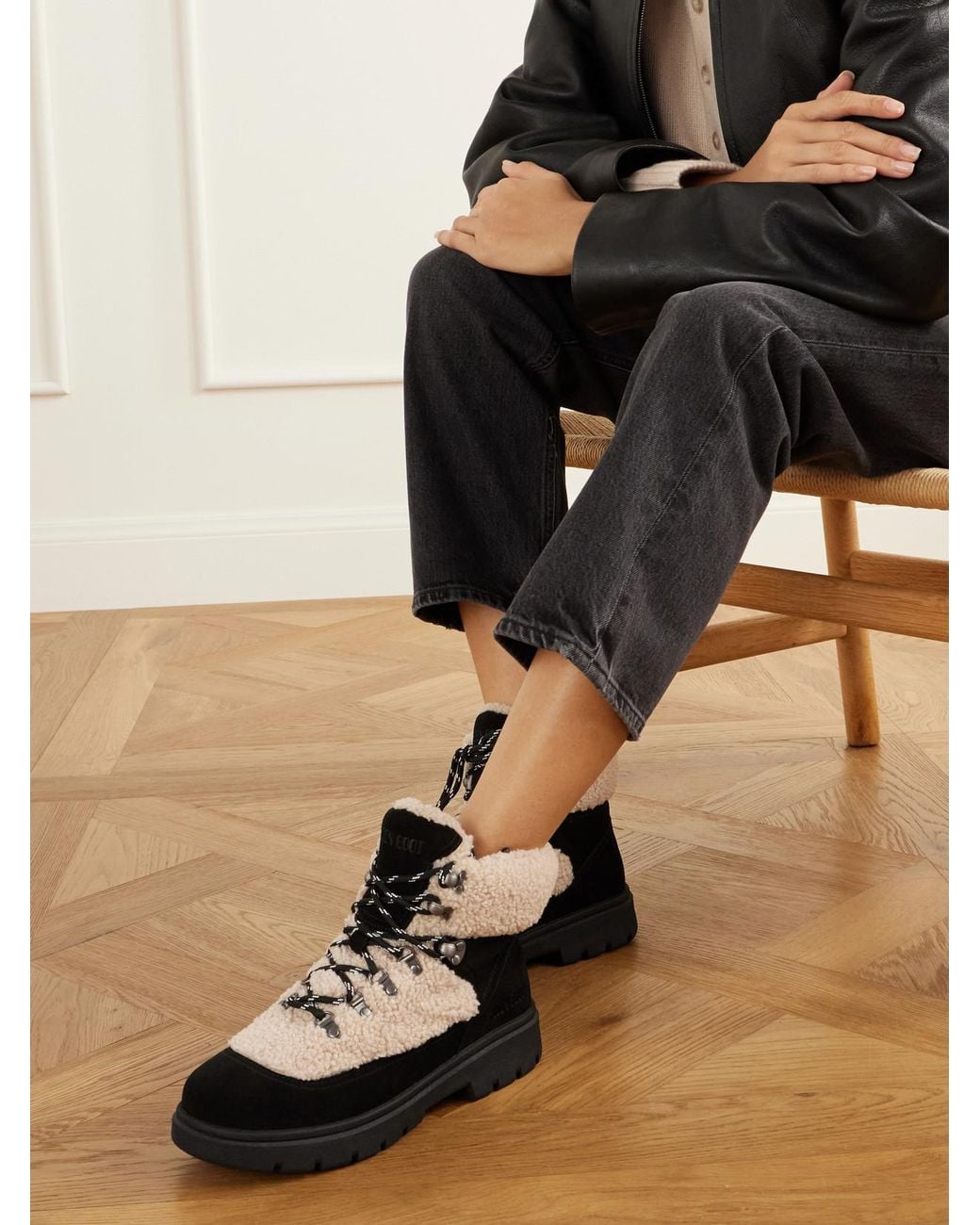 Moon Boot Black Combat Fleece-Trimmed Suede Ankle Boots