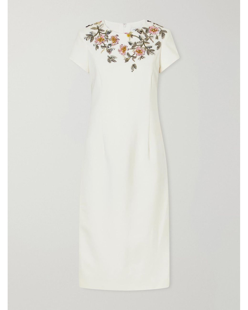 Oscar de la Renta White Floral-Embellished Wool-Blend Crepe Midi Dress