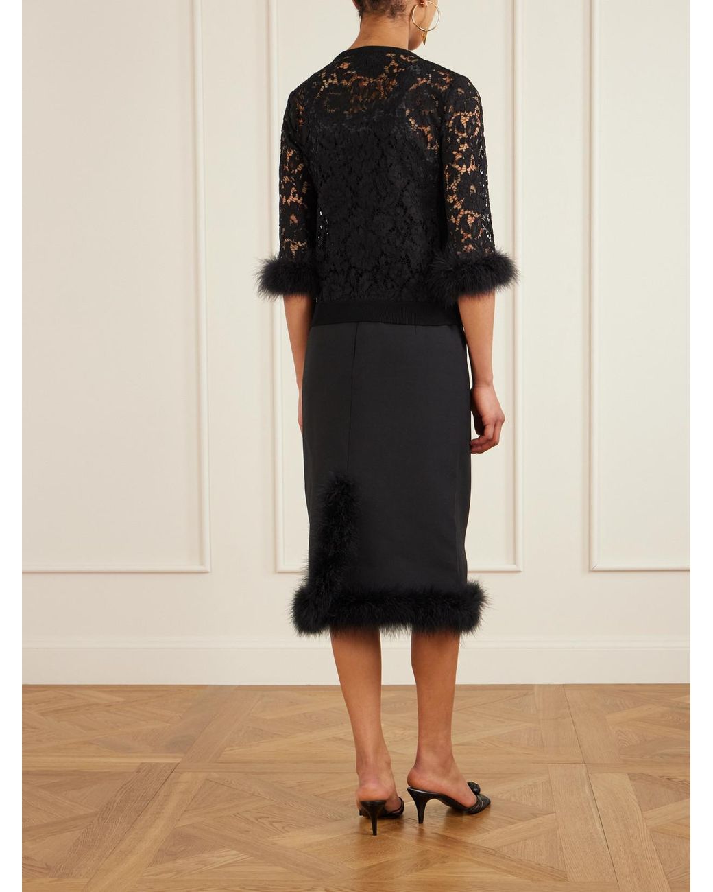 Valentino Garavani Black Feather-Trimmed Cotton Corded Lace Cardigan