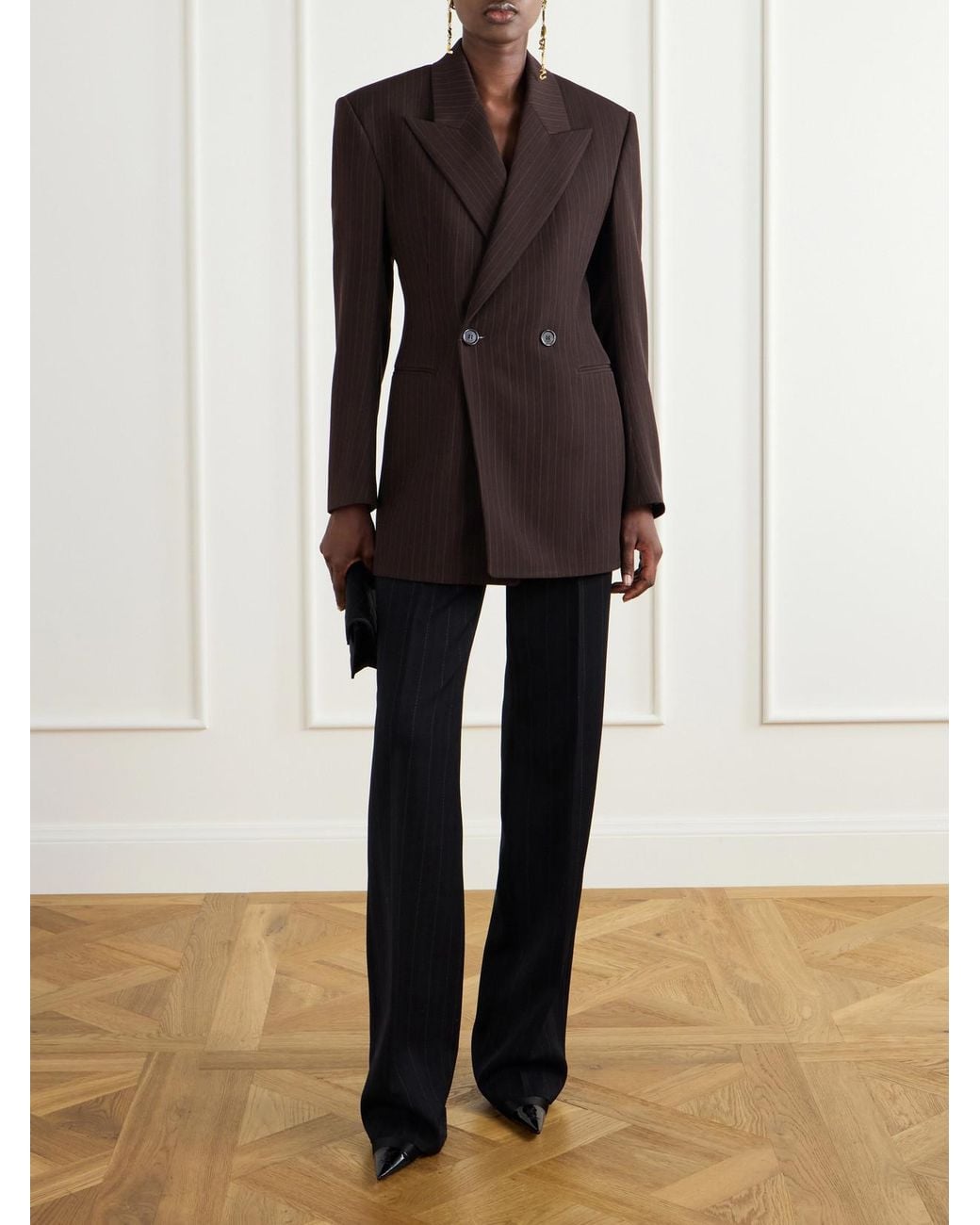 Saint Laurent Black Double-Breasted Pinstriped Wool-Blend Blazer
