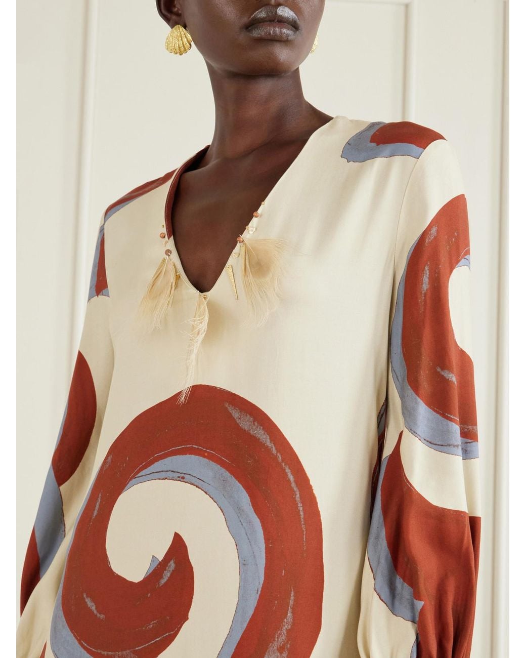 Themis Z White Kyra Feather-Trimmed Printed Crepe Maxi Dress