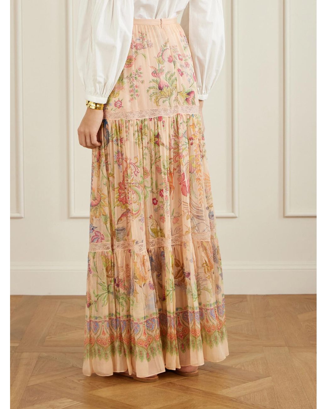 Etro Natural Tiered Pleated Lace-Trimmed Printed Silk Maxi Skirt