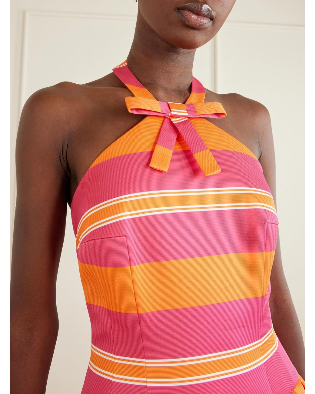 Emilia Wickstead Red Striped Bow-Detailed Striped Taffeta Halterneck Gown