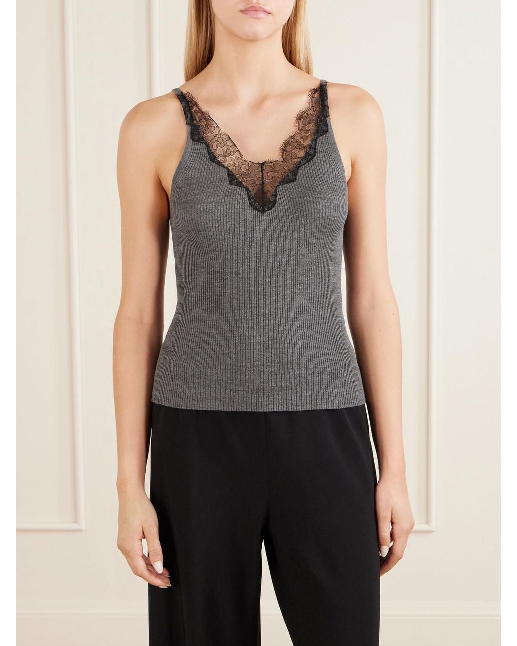 Nili Lotan Gray Aronia Lace-Trimmed Ribbed Silk-Jersey Tank