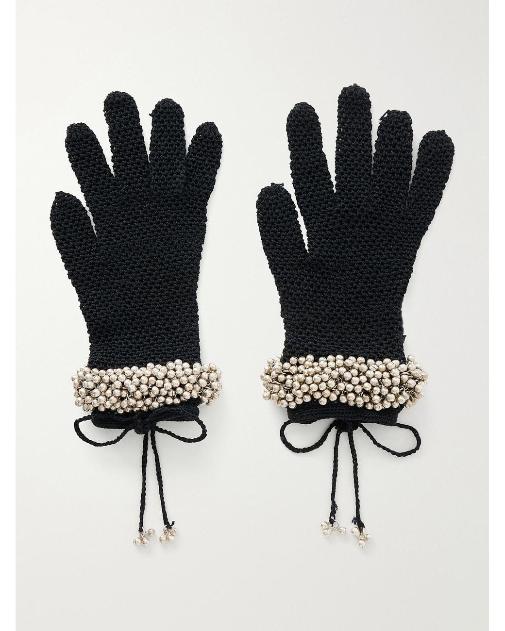 Yoshita 1967 Black Embellished Cotton Crochet-Knit Gloves
