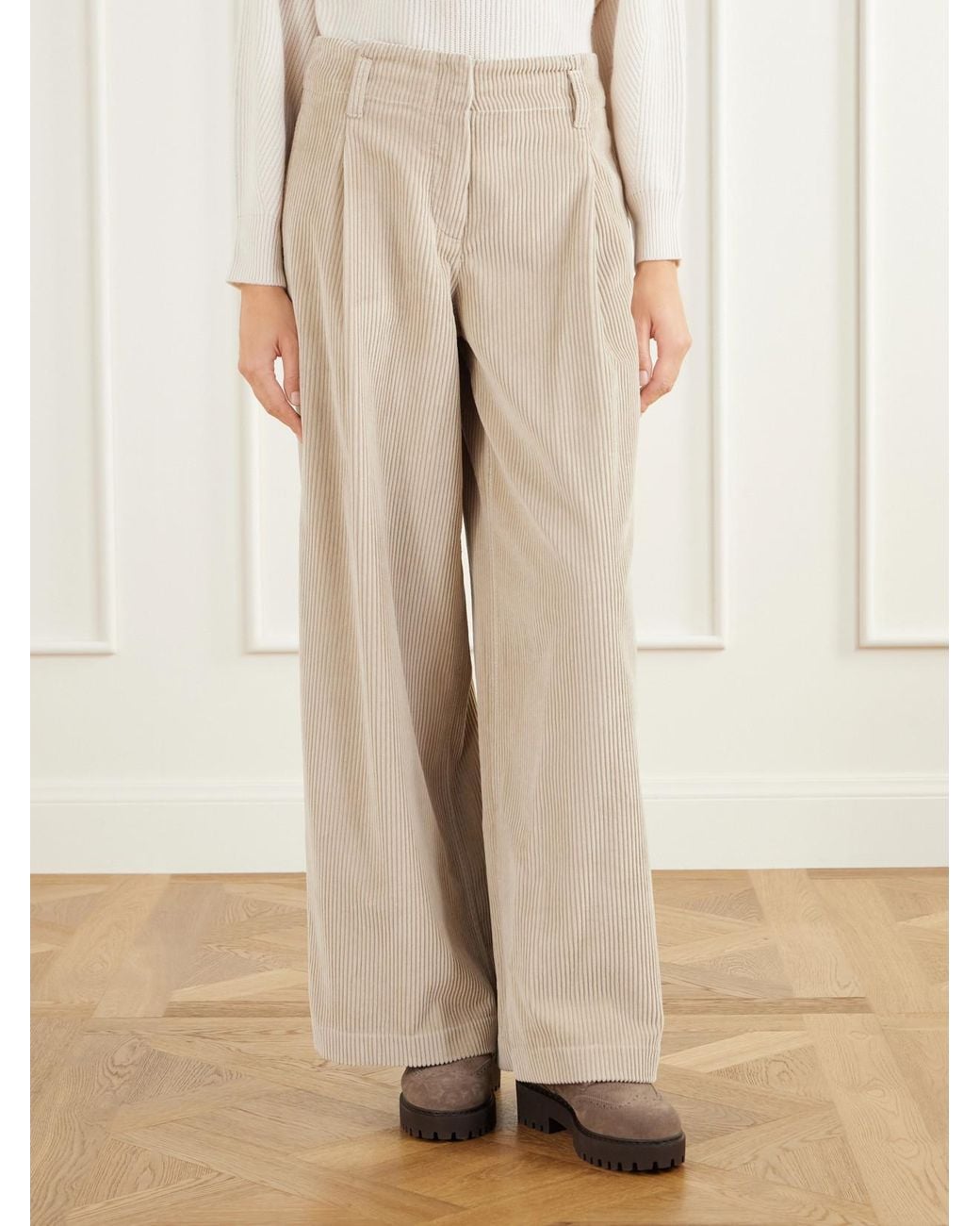 Brunello Cucinelli Natural Cotton-Corduroy High-Rise Wide-Leg Pants
