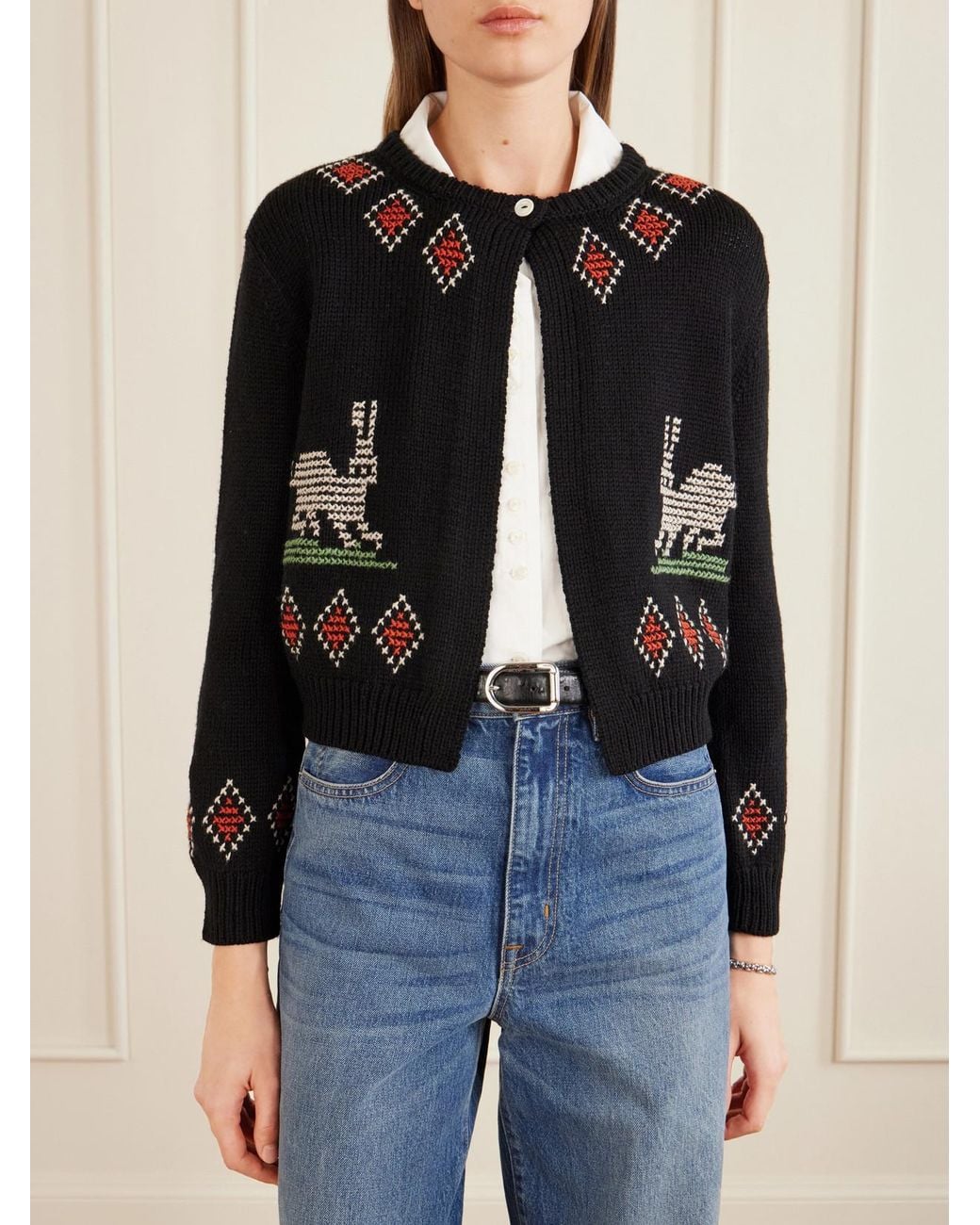 Bode Black Bunny Jacquard-Knit Wool Cardigan