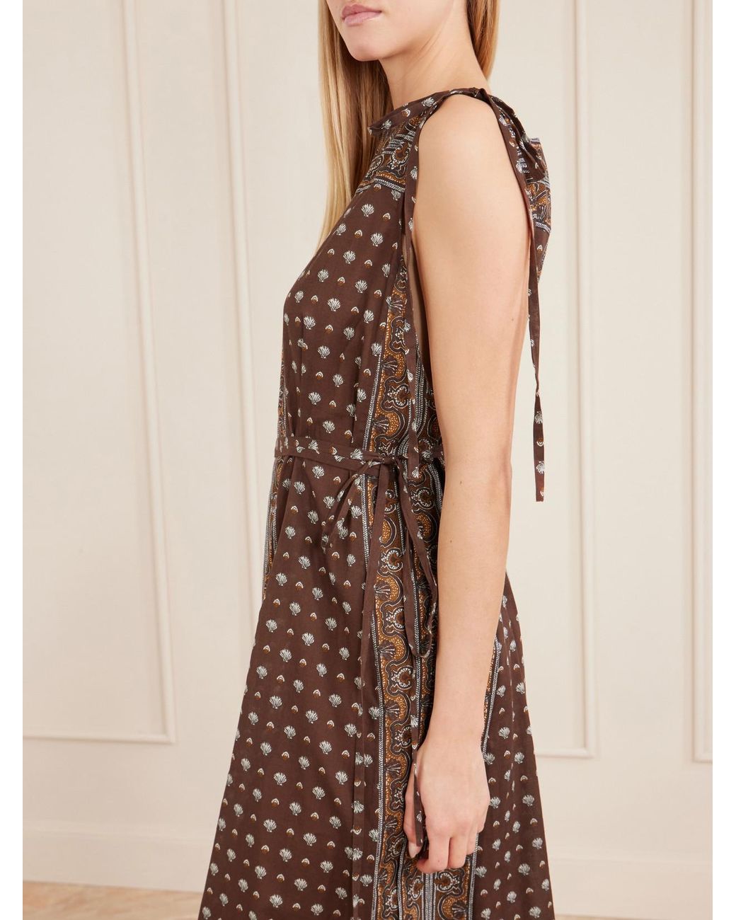 Doen Brown Amarante Belted Printed Organic Cotton-Voile Midi Dress