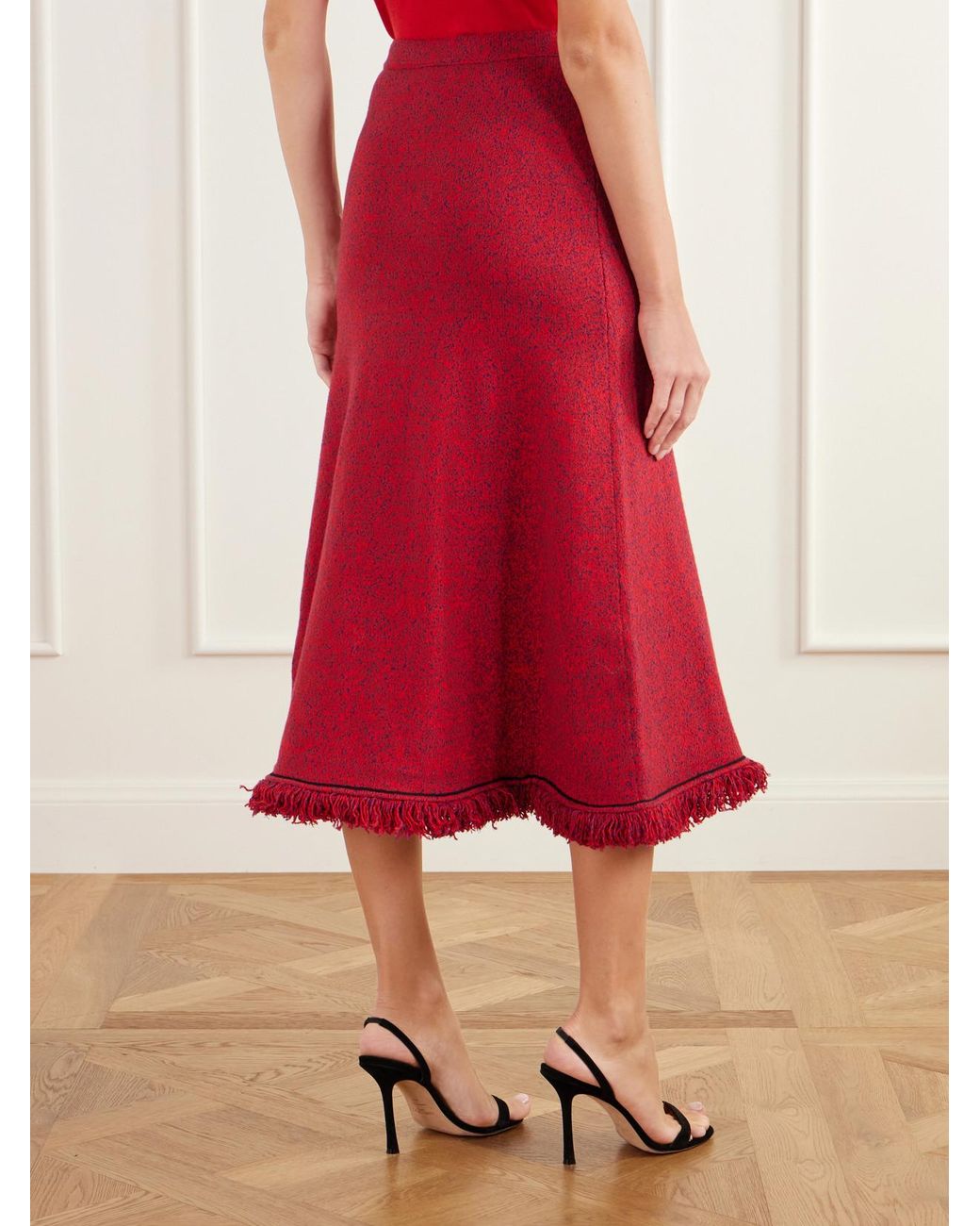 Self-Portrait Red Frayed Bouclé-Knit Midi Skirt