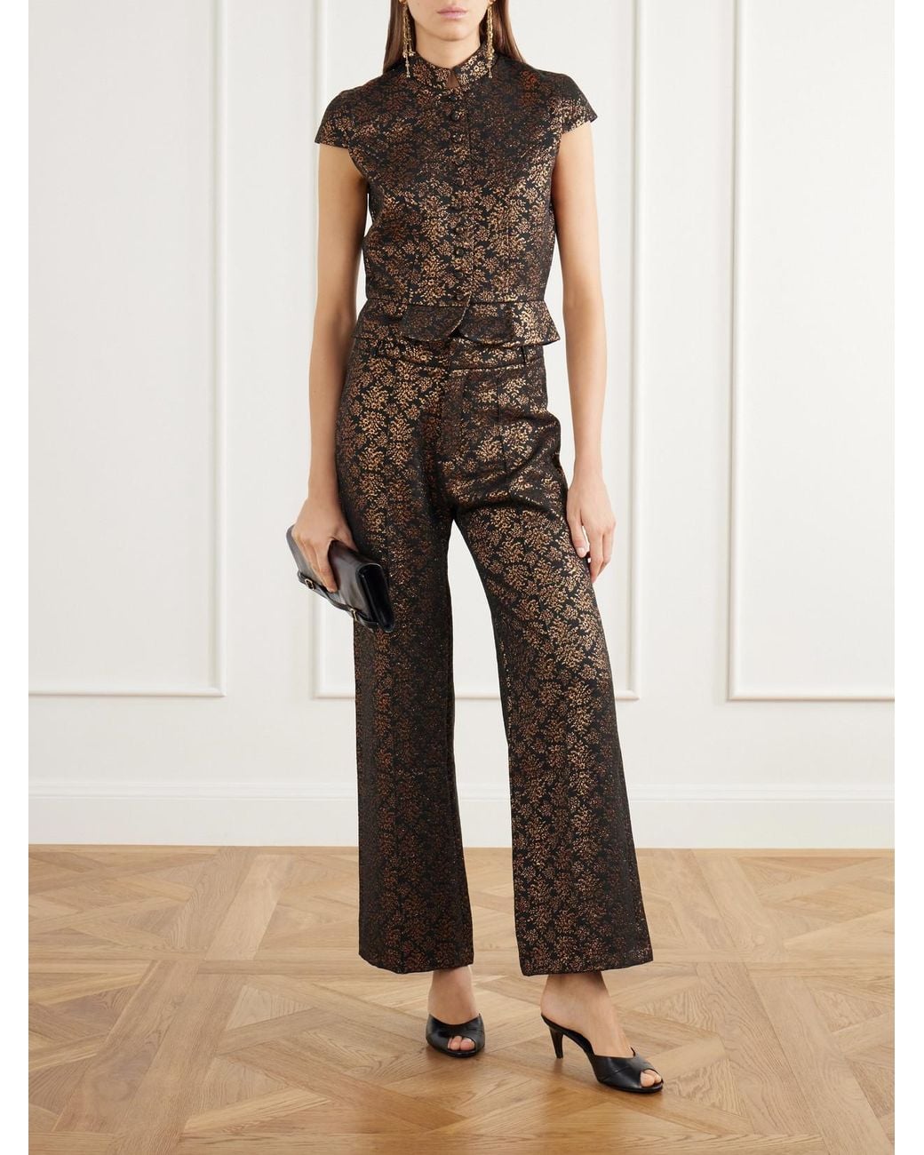 D'Estree Black Amoako Peplum Floral-Jacquard Brocade Blouse