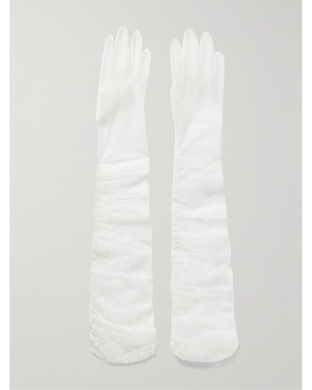Clio Peppiatt White Chantilly Embellished Ruched Tulle Gloves