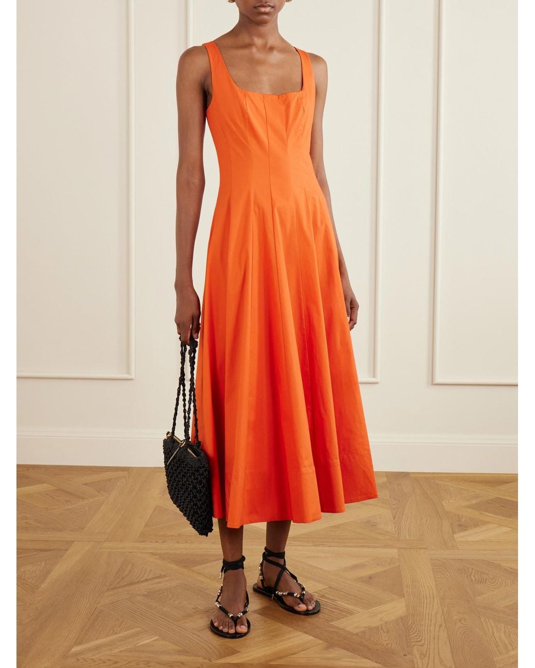 Staud Orange Wells Pleated Cotton-Blend Poplin Midi Dress