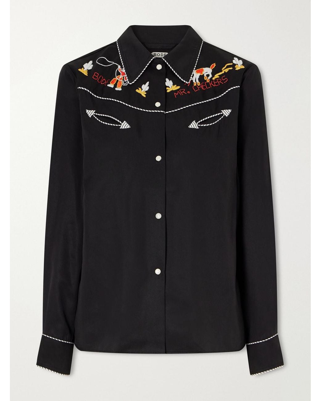 Bode Black Checkers Western Embroidered Poplin Blouse