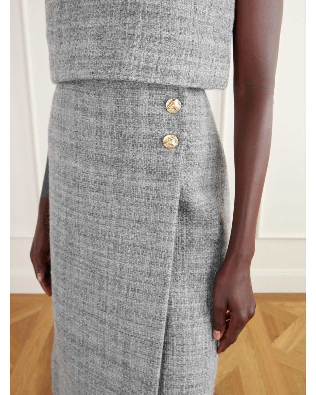 Cara Cara Gray Luca Button-Detailed Wool-Blend Tweed Midi Skirt