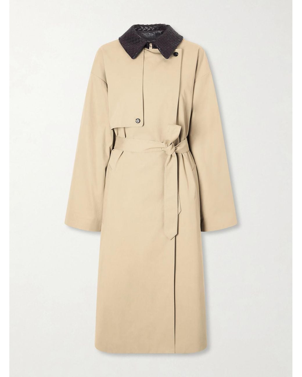 Bottega Veneta Natural Belted Intrecciato Leather-Trimmed Coated Cotton Trench Coat