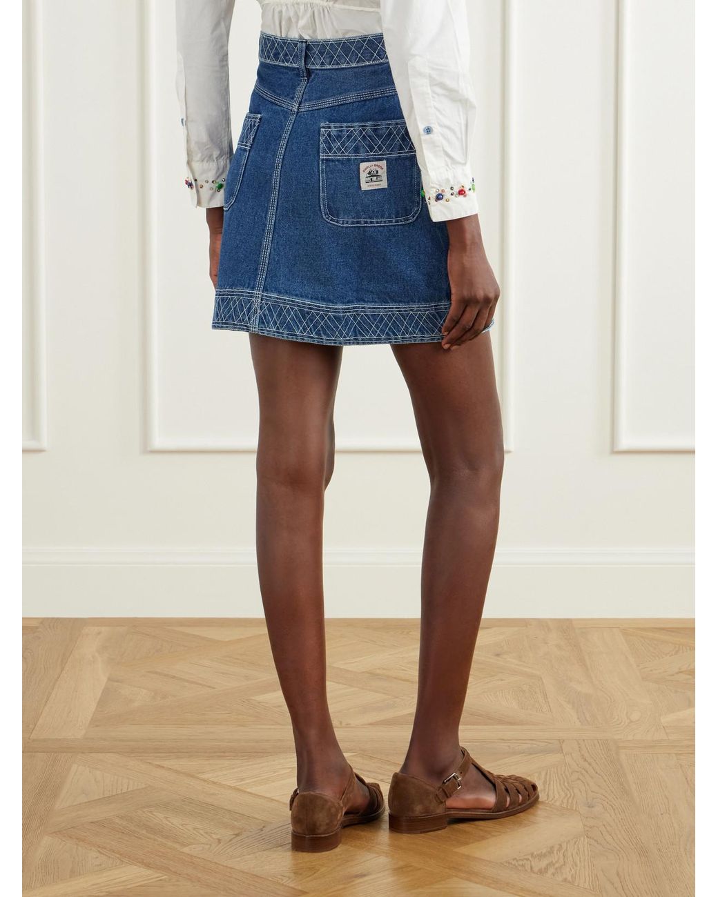 Bode Blue Embroidered Cotton Mini Skirt