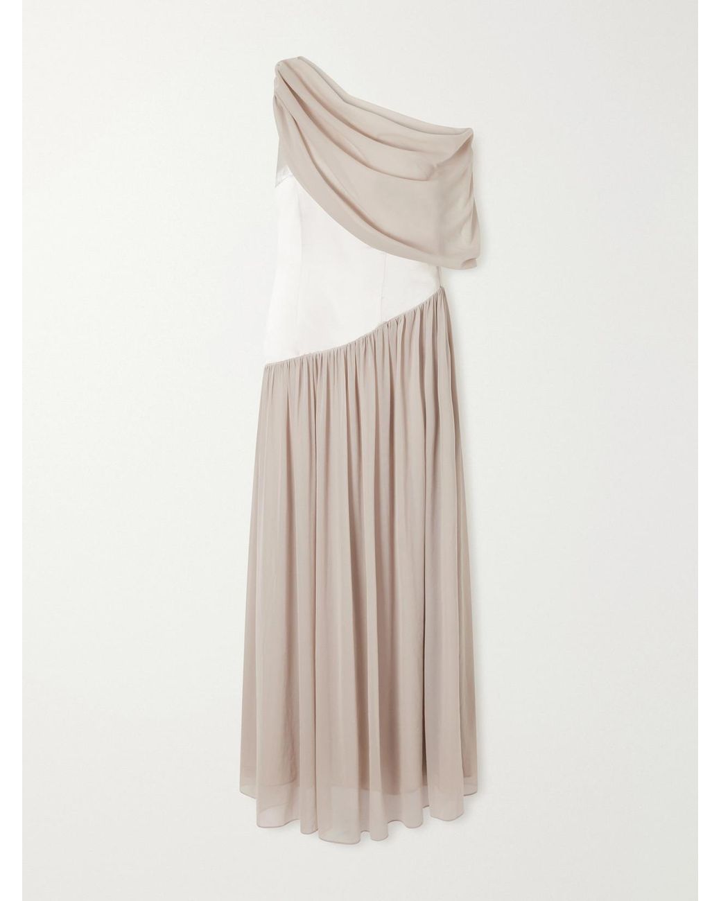 Abadia Natural Gwyneth Asymmetric Draped Satin-Trimmed Gerogette Gown