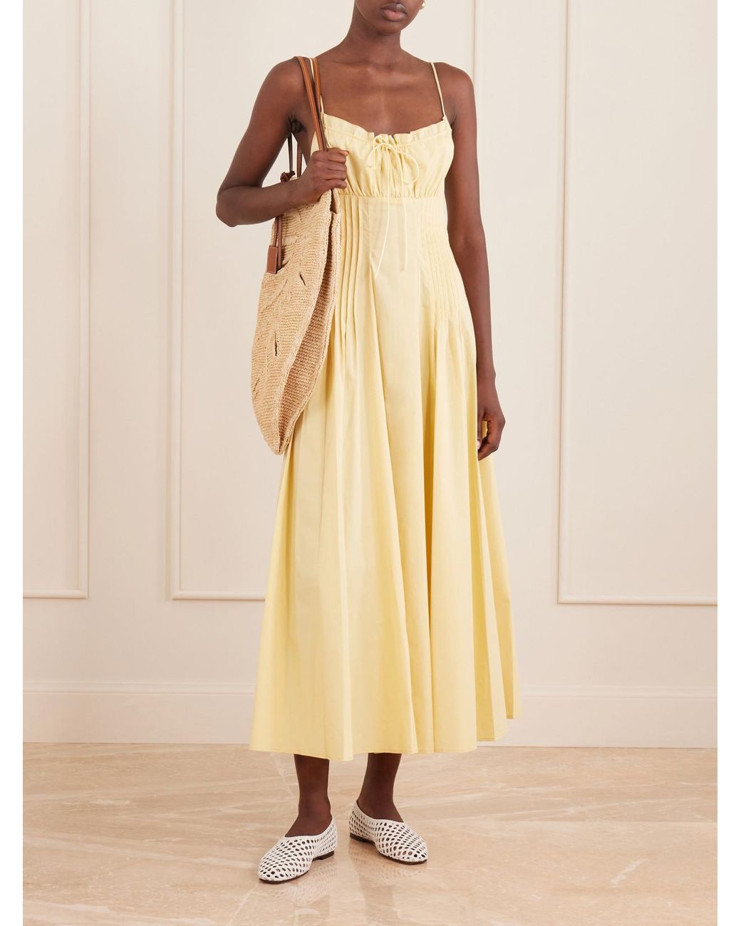 Staud Yellow Margi Ruffled Pleated Cotton-Stretch Poplin Midi Dress