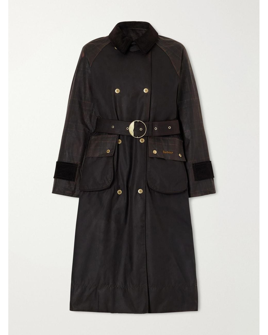 Barbour Black Elva Double-Breasted Belted Corduroy-Trimmed Waxed Cotton-Canvas Coat